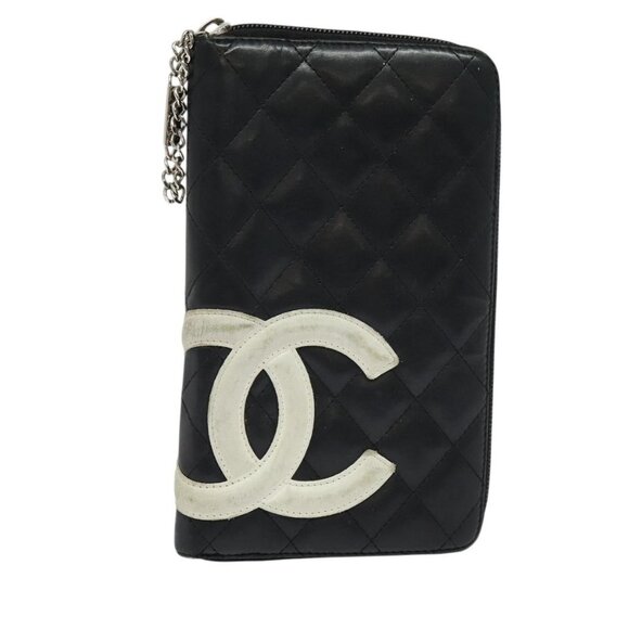 CHANEL Cambon Line Long Wallet Leather Black Silver CC Auth 123622 - Picture 1 of 16